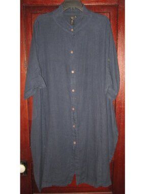 Focus Casual Life XL 100% Linen Midi Dress Lagenlook Navy Blue Pockets Button